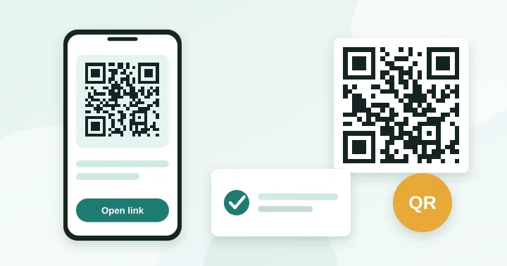 A phone scanning a QR code beside a business card and tool icons