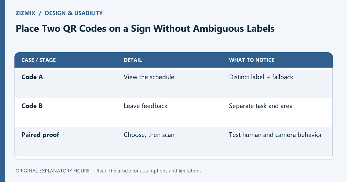 A two-code sign needs clear task pairing and a test of the final combined layout, not only separate code checks.
